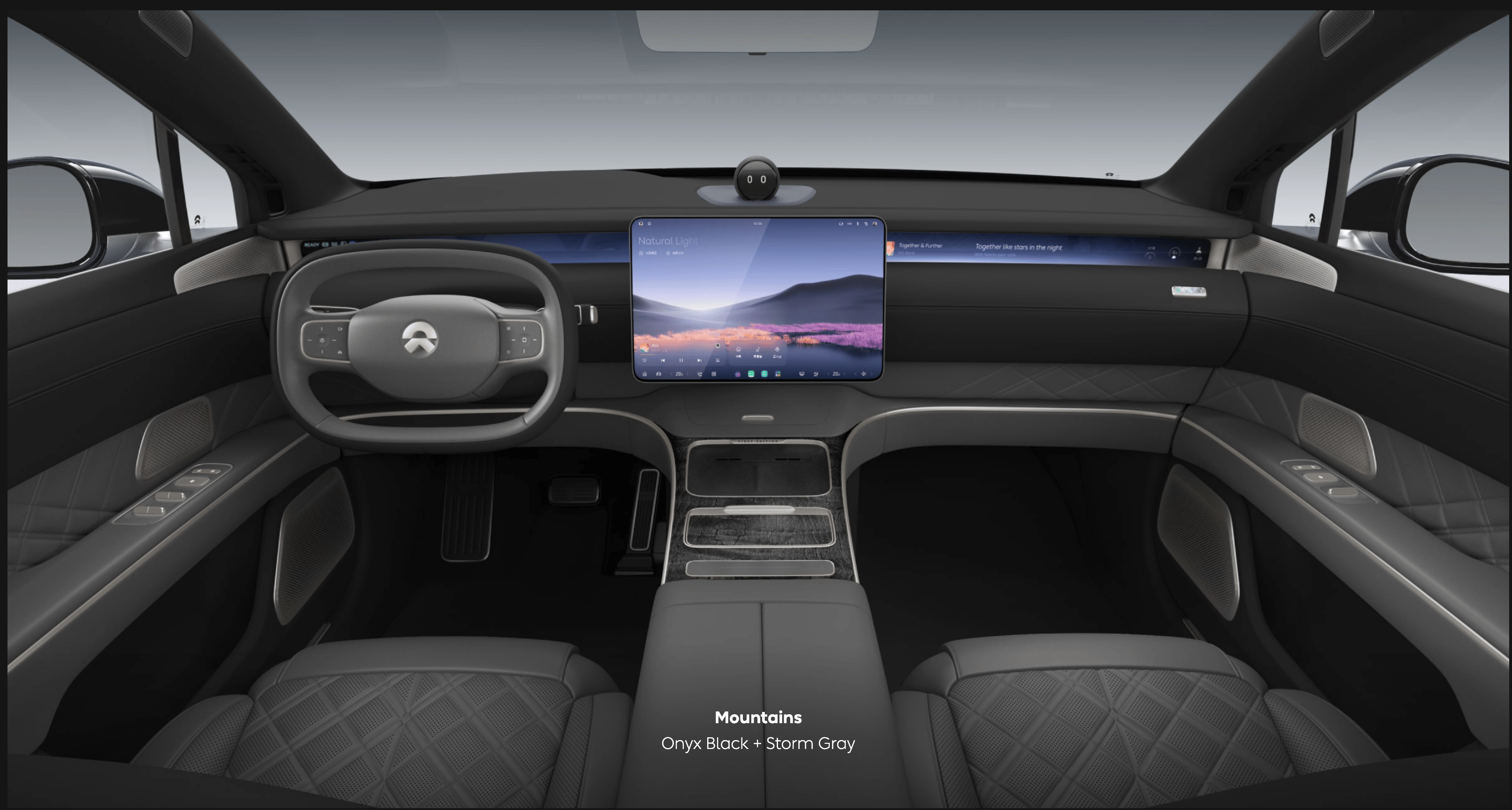 blurry photo of sunset over ocean with logo on top